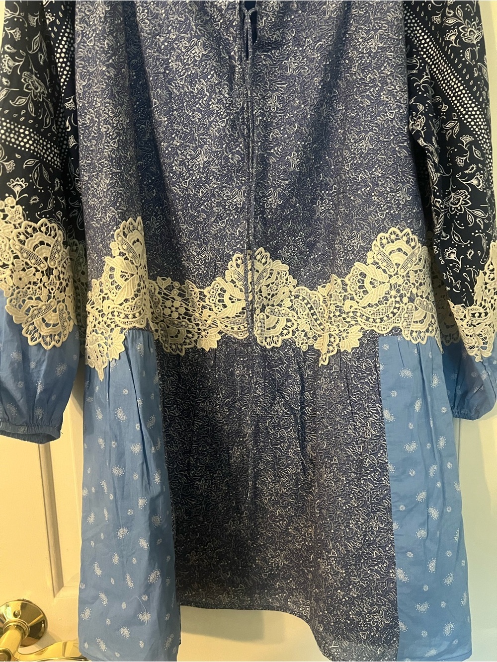 Loft Blue Boho Lace Trim Peasant mini Dress cottage poplin balloon sleeve L cos - Picture 6 of 13